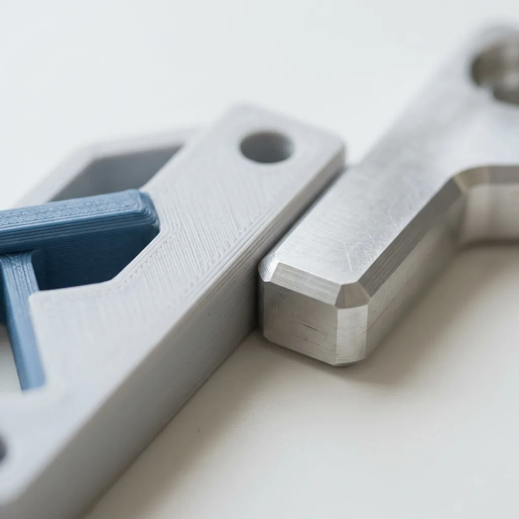 Macro detail of a 3D-printed bracket beside a machined aluminium part