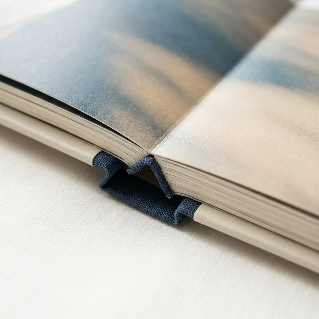 Macro detail of the binding and layered paper edge of an open hardcover photo book