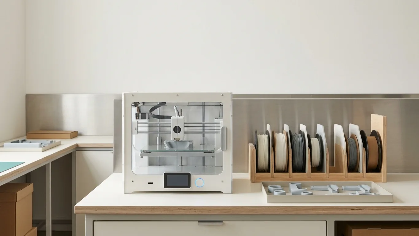 A compact micro-factory unit: a small 3D printer, a rack of material stock and a tray of finished components